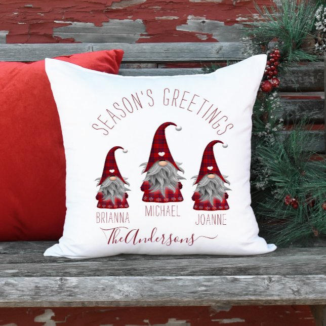 Cute Rustic Plaid Personalised Christmas Gnomes Cushion (Creator Uploaded)