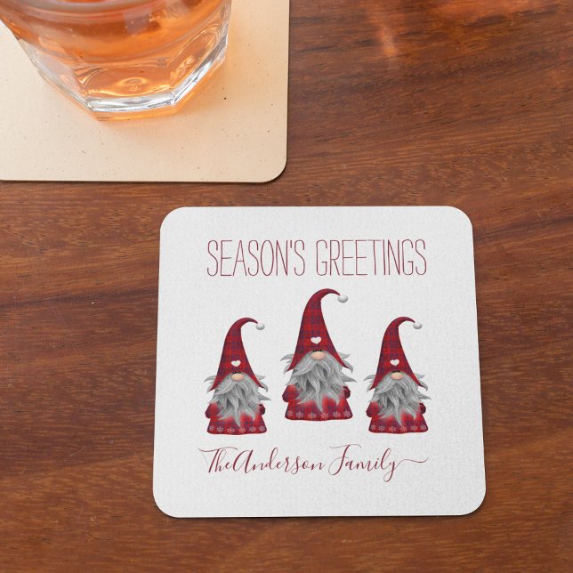 Cute Rustic Plaid Personalized Christmas Gnome Elf Coaster (Creator Uploaded)