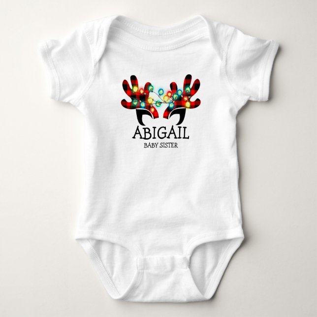 Cute Rustic Plaid Reindeer Antlers Deer Lights Baby Bodysuit (Front)