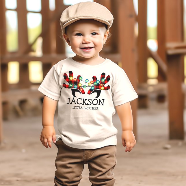 Cute Rustic Plaid Reindeer Antlers Lights Name Baby T-Shirt (Creator Uploaded)