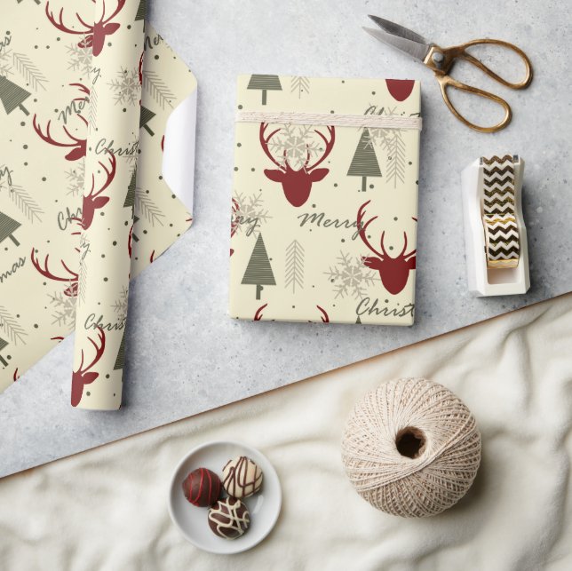 Cute Rustic Reindeer Christmas Tree Holiday  Wrapping Paper (Crafts)