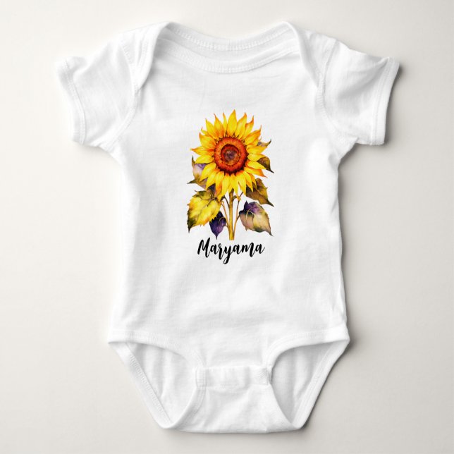 Cute Rustic Sunflower Gift | Custom Script Name Baby Bodysuit (Front)
