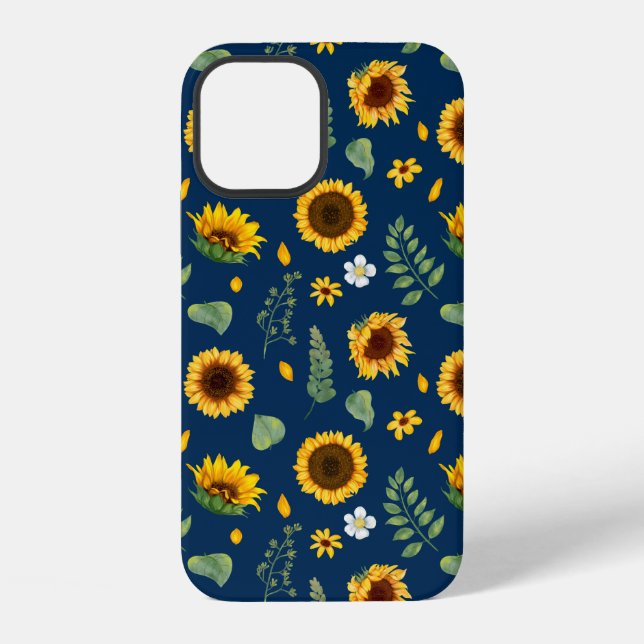Cute Rustic Sunflower Pattern Blue Background iPhone Case (Back)