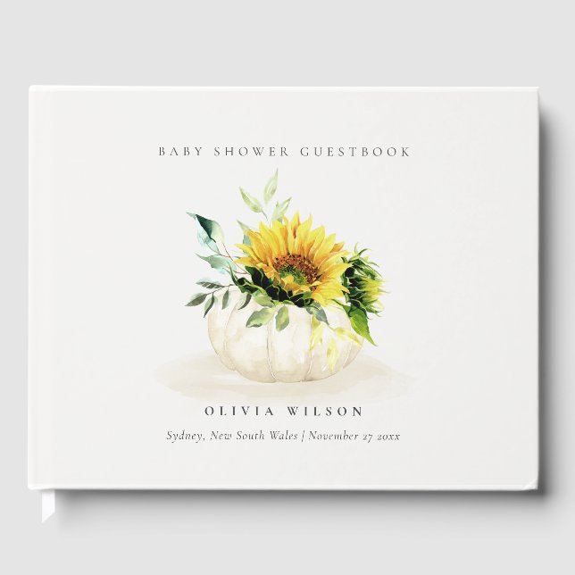 Cute Rustic Sunflower Pumpkin Floral Baby Shower Guest Book (Front)