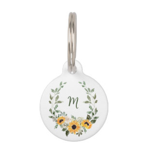 Cute Rustic Sunflower Watercolor Monogram Pet Tag
