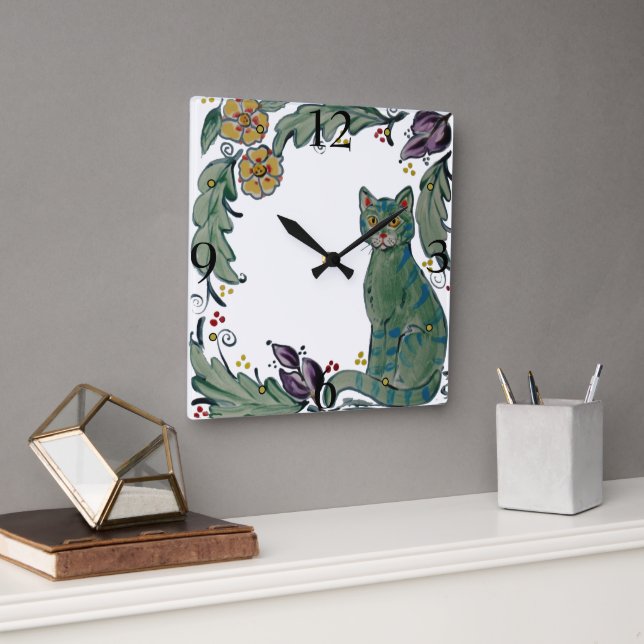 Cute Rustic Teal Cat Kitten Floral Folk Style Tile Square Wall Clock (Office)