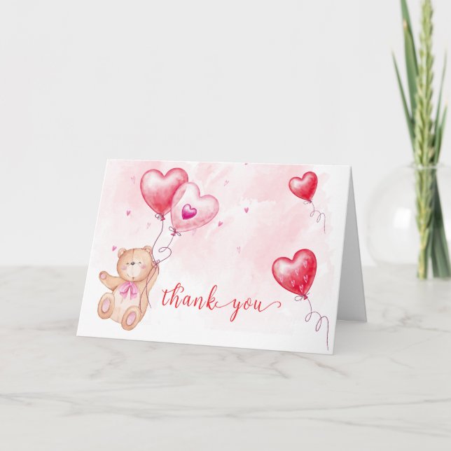 Cute Rustic Teddy Bear Heart Balloon Baby Shower  Thank You Card (Front)