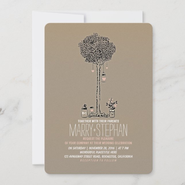 Cute rustic tree and mason jars wedding invitation (Front)