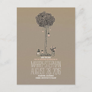 Cute rustic tree & hearts mason jars save the date announcement postcard