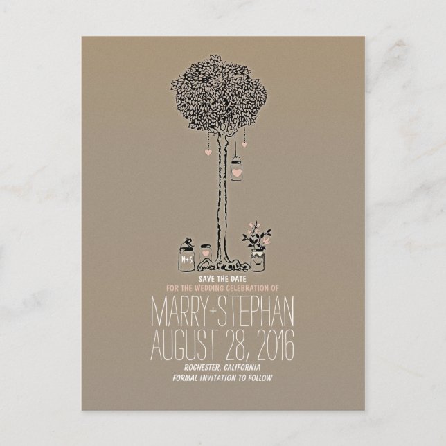 Cute rustic tree & hearts mason jars save the date announcement postcard (Front)