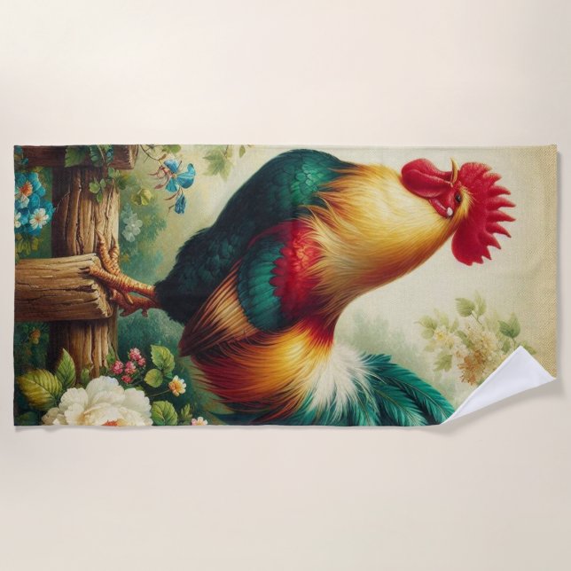 Cute rustic/vintage rooster beach towel (Front)