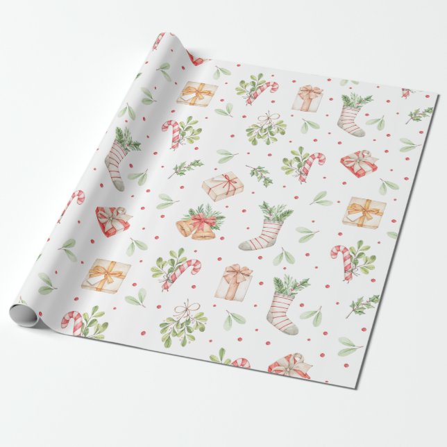 Cute Rustic Watercolor Christmas Pattern Wrapping Paper (Unrolled)