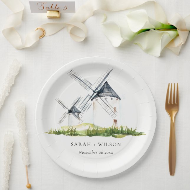 Cute Rustic Watercolor Windmill Farm Theme Wedding Paper Plate (Wedding)