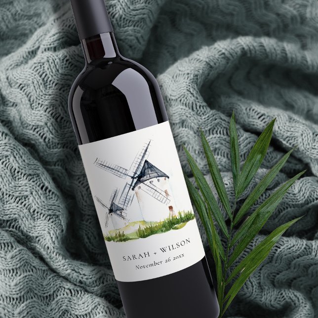 Cute Rustic Watercolor Windmill Farm Theme Wedding Wine Label (Creator Uploaded)