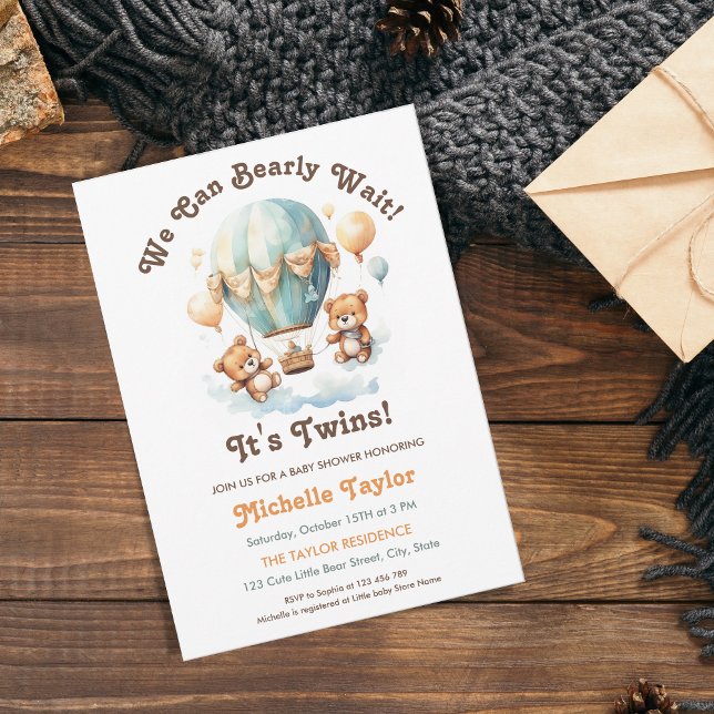 Cute Rustic We Can Bearly Wait Twins Bear Baby Invitation (Creator Uploaded)