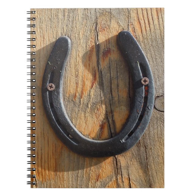 Cute Rustic Western Good Luck Horseshoe Wood Look Spiral Notebook (Front)