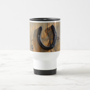 Cute Rustic Western Good Luck Horseshoe Wood Look Travel Mug