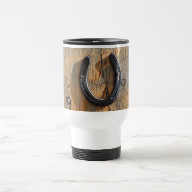Cute Rustic Western Good Luck Horseshoe Wood Look Travel Mug (Center)