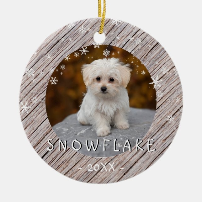 Cute Rustic Wood Dog Puppy 1st Christmas Photo Ceramic Tree Decoration (Front)