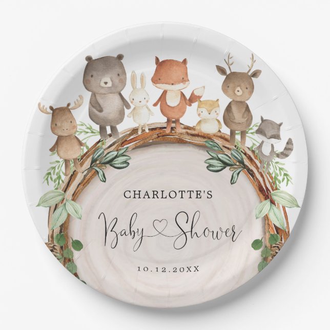 Cute Rustic Woodland Animals Forest Baby Shower Paper Plate (Front)
