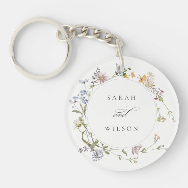 Cute Rustic Yellow Meadow Floral Wreath Wedding Key Ring (Front)