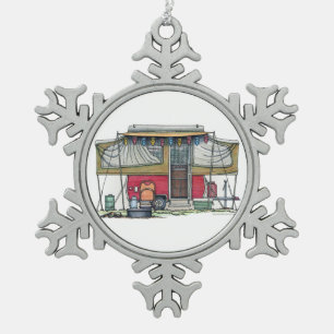 Cute RV Vintage Popup Camper Travel Trailer Snowflake Pewter Christmas Ornament