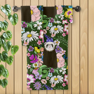 Cute Sable Ferret Wildflowers Green Woodland Bath Towel Set