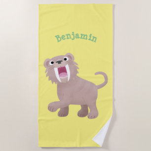 Cute Sabre Toothed Tiger Smilodon cartoon Beach Towel