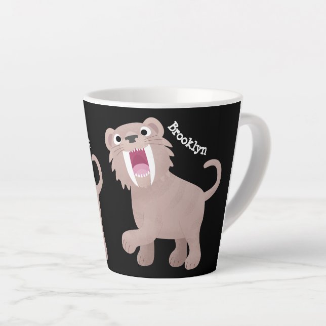 Cute Sabre Toothed Tiger Smilodon cartoon Latte Mug (Right Angle)