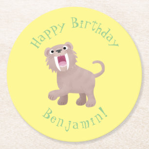 Cute Sabre Toothed Tiger Smilodon cartoon Round Paper Coaster