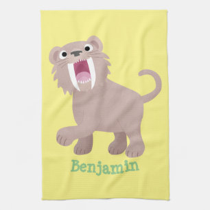 Cute Sabre Toothed Tiger Smilodon cartoon Tea Towel