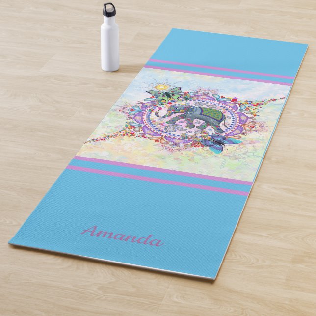 Cute Sacred Elephant Blue Monogram Yoga Mat (In Situ)