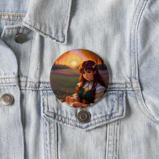 Cute Sad Anime Style Woman in Meadow at Sunset 7.5 Cm Round Badge (In Situ)
