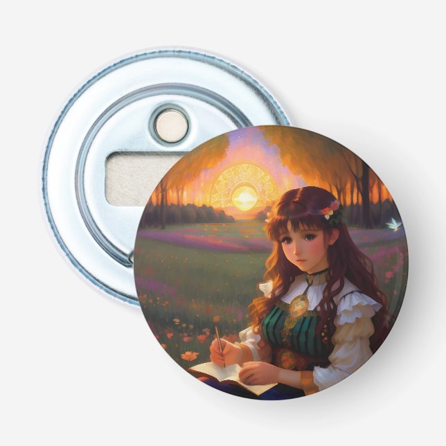 Cute Sad Anime Style Woman in Meadow at Sunset Bottle Opener (Front)