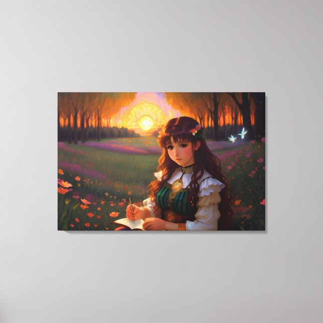 Cute Sad Anime Style Woman in Meadow at Sunset Canvas Print (Front)