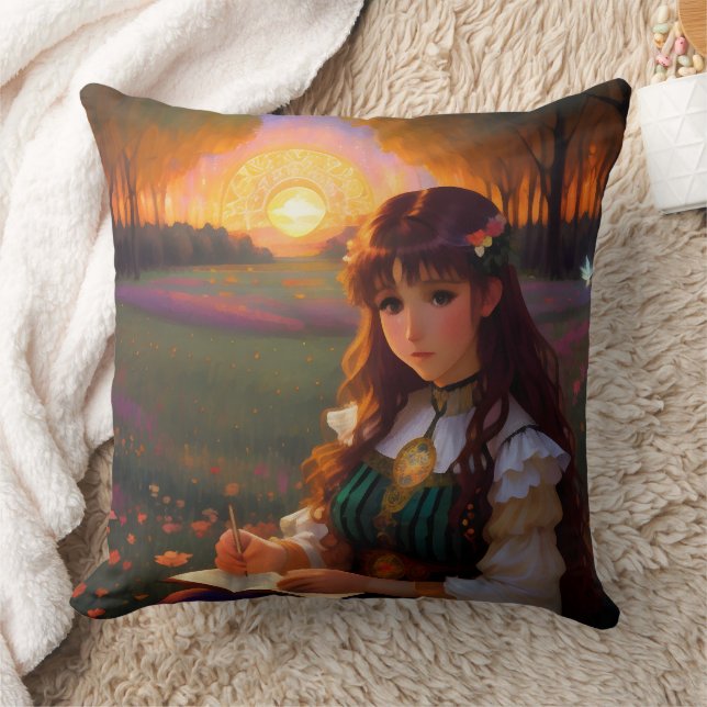 Cute Sad Anime Style Woman in Meadow at Sunset Cushion (Blanket)