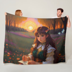 Cute Sad Anime Style Woman in Meadow at Sunset Fleece Blanket