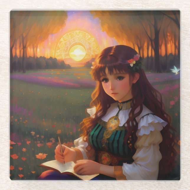 Cute Sad Anime Style Woman in Meadow at Sunset Glass Coaster (Front)