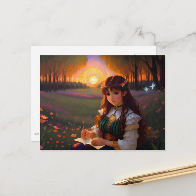 Cute Sad Anime Style Woman in Meadow at Sunset Postcard (Front/Back In Situ)