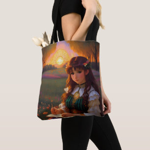 Cute Sad Anime Style Woman in Meadow at Sunset Tote Bag