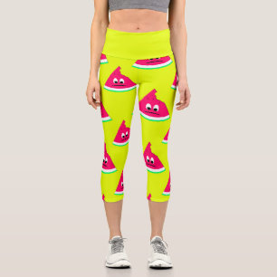 Cute sad bitten piece of watermelon pattern yellow capri leggings