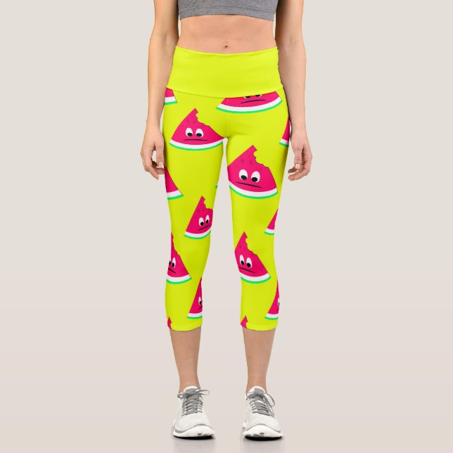 Cute sad bitten piece of watermelon pattern yellow capri leggings (Front)