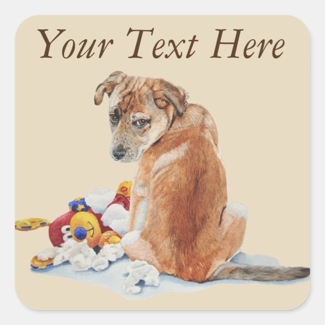 cute sad brown puppy with torn teddy sorry dog square sticker (Front)