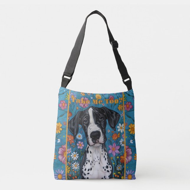 Cute Sad Dog Tote Bag, "Take Me Too" (Front)