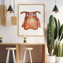 Cute sad funny watercolor owl red brown dots