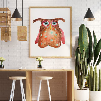 Cute sad funny watercolor owl red brown dots poster