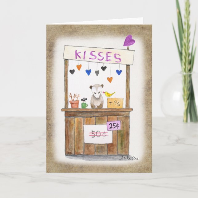 Cute Sad Opossum Kissing booth Funny Valentine Card (Front)