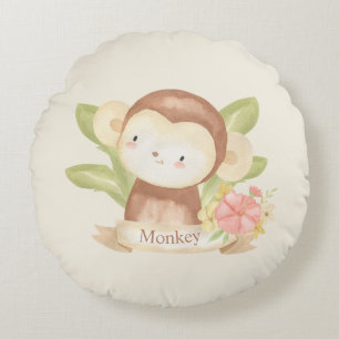 Cute Safari Animal Green Stripes Baby Monkey Baby Round Cushion