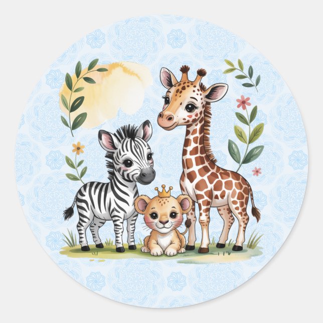 Cute Safari Animal Trio Boy Baby Shower Classic Round Sticker (Front)