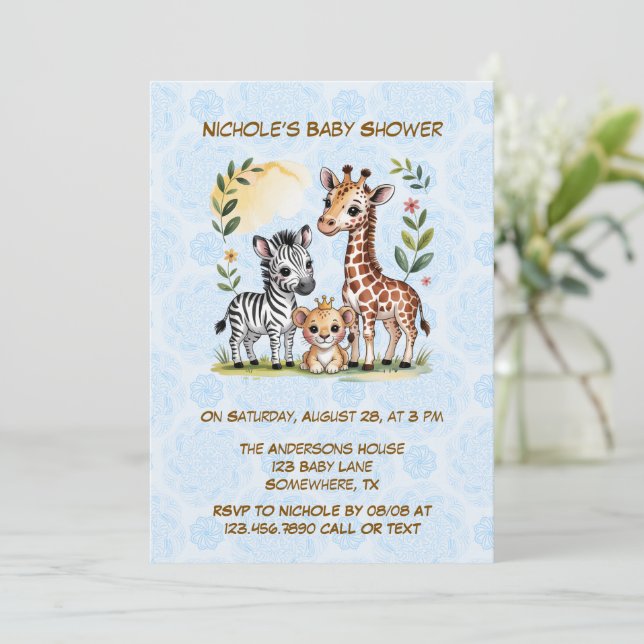 Cute Safari Animal Trio Boy Baby Shower Invitation (Standing Front)